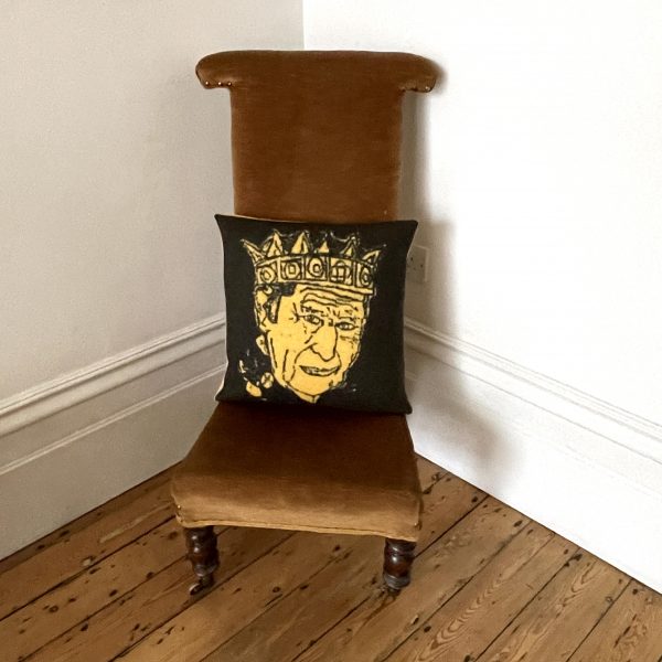 Limited Edition Imogen Hogan Original 'King' cushion, inspired by the coronation of HM King Charles III