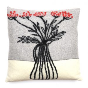 Red Flowers in Vase Cushion - Ecru & Seal